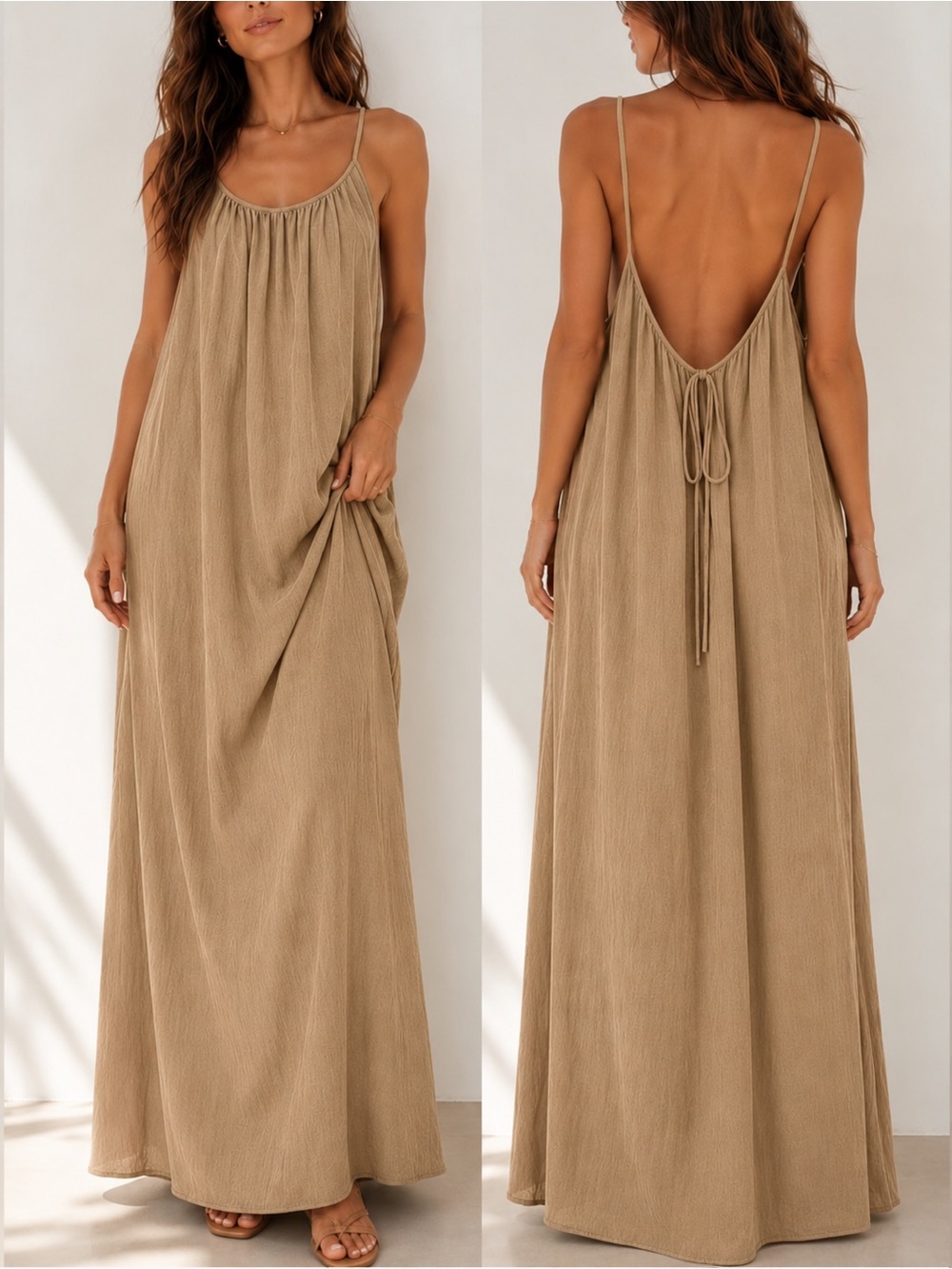 Beige Open-Back Maxi Dress with adjustable Spaghetti Straps